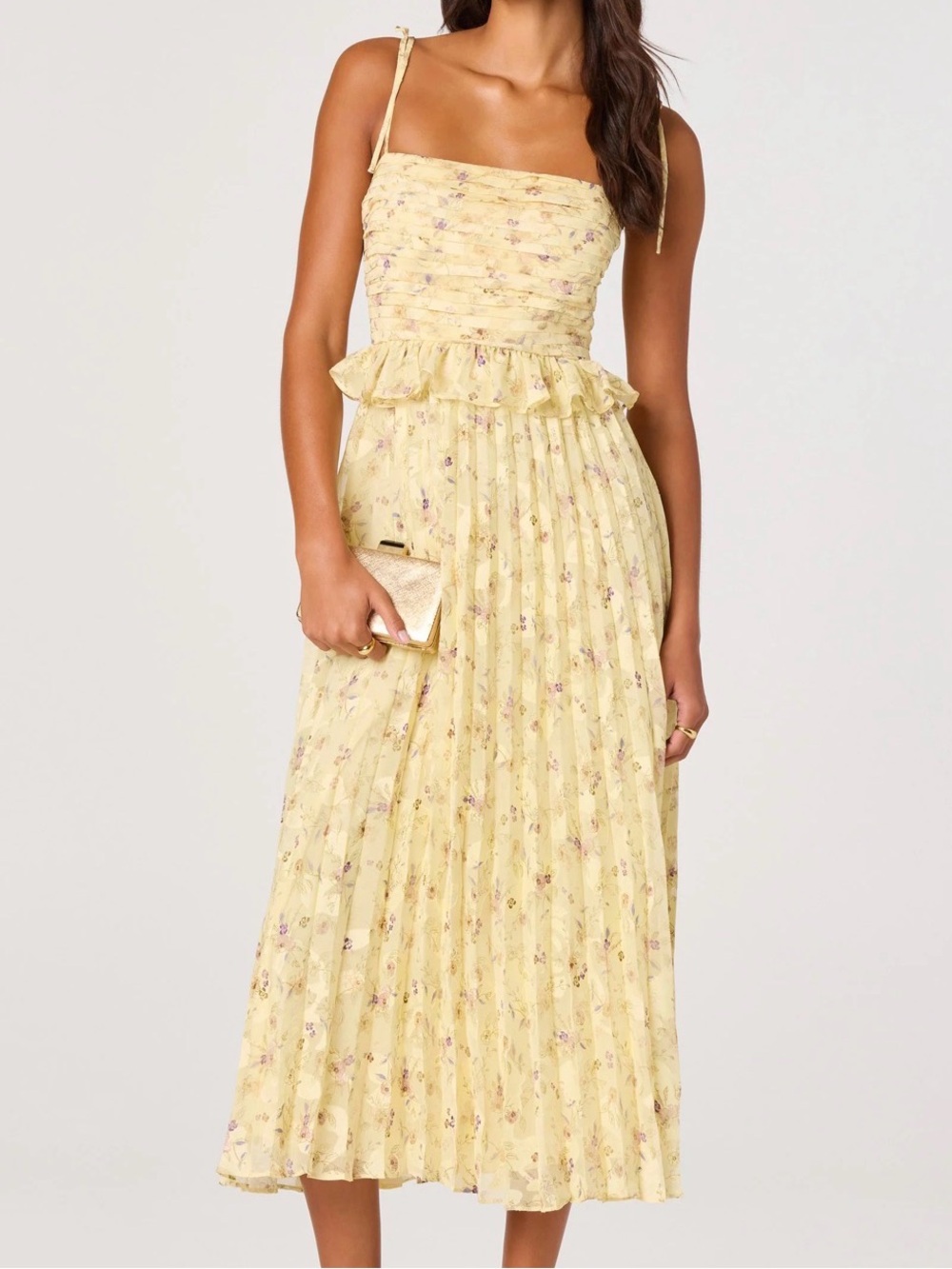 ASTR the Label Emerys Pleated Yellow Floral Midi Dress